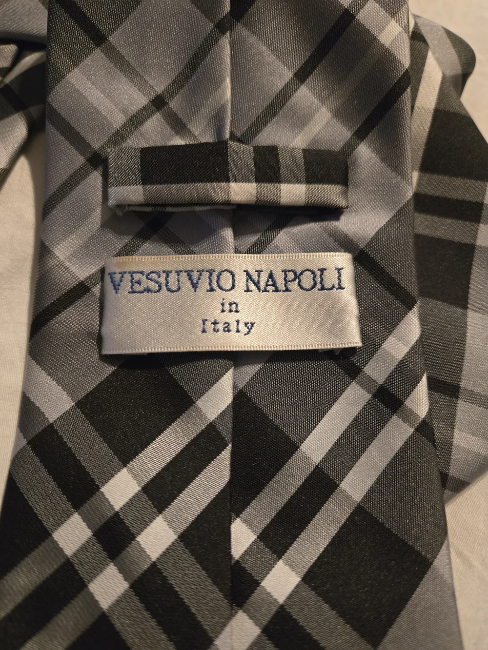 Vesuvio Napoli Italy Men's Tie Black White Gray Geometric Plaid 60
